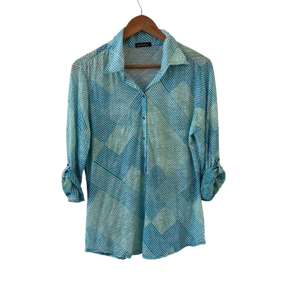 David Cline Crushed Snap Front Top L Blue Green Geometric Crinkle Art to Wear